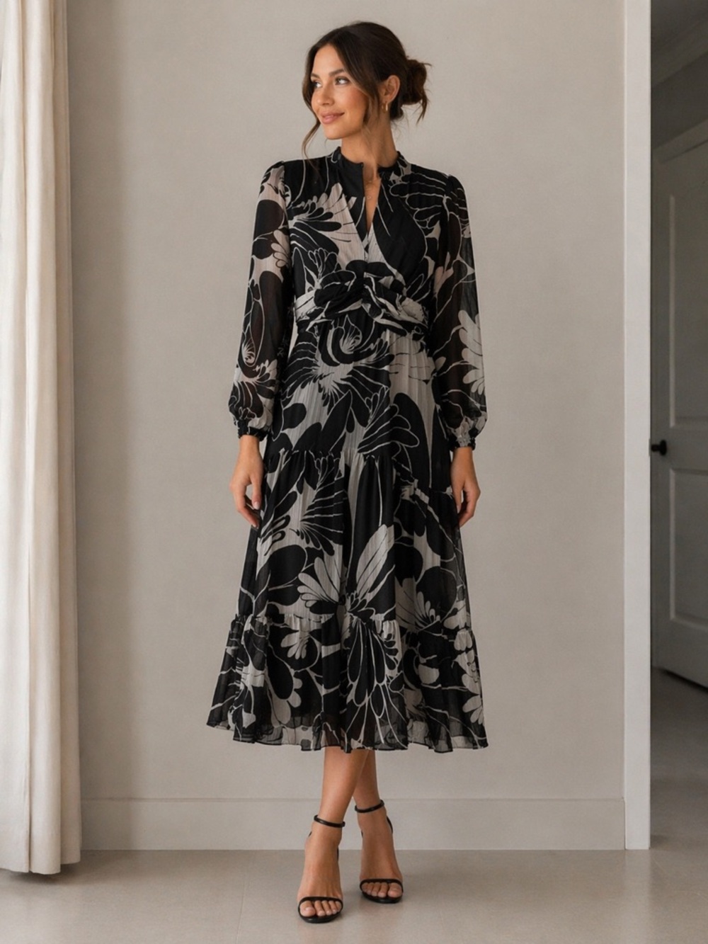 Taylor Black and Gray Long Sleeve Dress